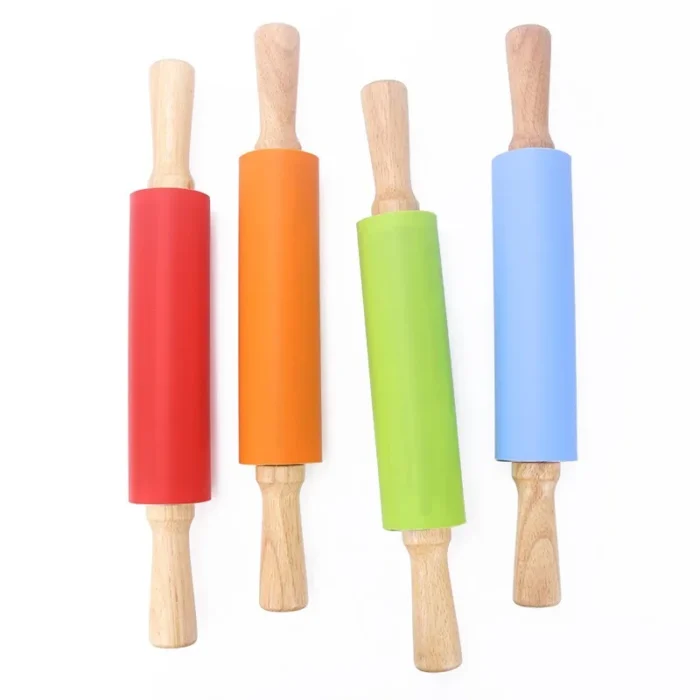 1/4Pcs Non-Stick Silicone Rolling Pin Wooden Handle Pastry Dough Flour Roller Kitchen Cooking kid Baking Tool For Pasta Dough - Image 1