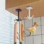 1pc Black Kitchen Rotating Punch-free Wall-mounted Shelf 6 Rotating Hooks Pot Shovel Chopping Nail-free Adhesive Hook Rack - Image 3